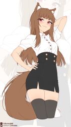 1girl animal_ear_fluff animal_ears arm_behind_head black_skirt black_thighhighs blush breasts brown_hair closed_mouth collared_shirt commentary dress_shirt english_commentary hand_on_own_hip high-waist_skirt highres holo likunea looking_at_viewer medium_breasts patreon_logo patreon_username puffy_short_sleeves puffy_sleeves red_eyes shirt shirt_tucked_in short_sleeves skirt spice_and_wolf tail thighhighs twitter_username twitter_x_logo white_shirt wolf_ears wolf_girl wolf_tail zoom_layer