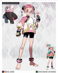 1girl absurdres alternate_costume alternate_hairstyle anklet bandaged_leg bandages bandaid bandaid_on_face bandaid_on_nose barefoot bewear bike_shorts black_gloves border bun_cover chinese_clothes chinese_knot clenched_hand closed_mouth double_bun flower_knot full_body gen_7_pokemon gloves hair_bun highres inset_border jewelry long_sleeves maylene_(pokemon) multiple_views nintendo paw_print pink_eyes pink_hair pokemon pokemon_dppt short_hair shorts three-quarter_sleeves vikthor01 xiangyun