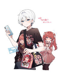 Rule 34 | 1boy, 1girl, anna (ikeuchi tanuma), bag, black shirt, blue eyes, blush, bow, brown pantyhose, cellphone, closed mouth, collared dress, cropped legs, dress, flying sweatdrops, hair between eyes, hair bow, highres, holding, holding phone, ikeuchi tanuma, juliet sleeves, long hair, long sleeves, nose blush, original, pantyhose, phone, pink dress, puffy sleeves, purple eyes, red hair, rudy (ikeuchi tanuma), shirt, short sleeves, shoulder bag, small sweatdrop, sweat, translation request, twintails, twitter username, v-shaped eyebrows, very long hair, white bow, white hair