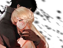 1boy 1girl art_undertaker black_hair blonde_hair blush braid brown_gloves commander_(girls&#039;_frontline) crying crying_with_eyes_open from_side girls&#039;_frontline girls&#039;_frontline_2:_exilium gloves groza_(girls&#039;_frontline_2) half-closed_eyes highres hug long_hair ots-14_(girls&#039;_frontline) tears upper_body very_long_hair yellow_eyes
