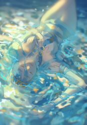 1girl azura_(fire_emblem) blue_hair breasts closed_eyes commentary detached_sleeves double-parted_bangs dress english_commentary fire_emblem fire_emblem_fates hair_between_eyes highres long_hair lying lying_on_water melia_art nintendo on_back small_breasts solo water white_dress