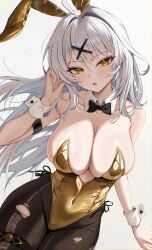 1girl absurdres alternate_costume animal_ears bare_shoulders black_bow black_bowtie black_pantyhose blush bow bowtie breasts cleavage collar collarbone commentary covered_navel detached_collar fake_animal_ears gold_leotard highres large_breasts leotard long_hair looking_at_viewer open_mouth pantyhose purple_eyes rabbit_ears revision simple_background solo strapless strapless_leotard torn_clothes torn_pantyhose very_long_hair white_background white_collar white_hair white_wrist_cuffs wrist_cuffs yellow_eyes yixuan_(zenless_zone_zero) zenless_zone_zero zzirit6