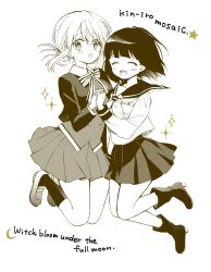 :o ^_^ bare_legs black_footwear black_hair black_socks blunt_bangs blush boots bow breast_pocket breasts buttons closed_eyes collared_shirt commentary_request copyright_name cosplay costume_switch creator_connection cropped_jacket double-breasted english_text engrish_text facing_viewer floating_hair full_body hair_bun hara_yui high_heel_boots high_heels highres holding_hands jumping kin-iro_mosaic legs_up loafers lone_nape_hair looking_at_viewer majo_wa_mangetsu_ni_saku medium_breasts medium_hair messy_hair minato_shima moegi_high_school_uniform monochrome multicolored_bow neckerchief official_art oomiya_shinobu pleated_skirt pocket ranguage school_uniform shirt shoes simple_background skirt socks sparkle white_background wind wind_lift