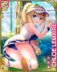 1girl :d ass ball blonde_hair blue_eyes blue_shirt bow breasts card_(medium) character_name chloe_lemaire girlfriend_(kari) grass kneeling lawn long_hair medium_breasts official_art open_mouth qp:flapper racket red_bow shirt skirt smile socks solo tagme tennis_ball tennis_court tennis_racket white_skirt white_socks