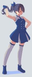 Rule 34 | 1girl, 3rd live tour try tri unity!!!, armpits, blue boots, blue dress, blue hair, blue necktie, boots, closed eyes, commentary request, dress, frilled thighhighs, frills, full body, grey background, high ponytail, highres, holding, holding own hair, link! like! love live!, long hair, love live!, macken666, murano sayaka, necktie, nonaka kokona, official alternate costume, photo-referenced, pleated dress, ponytail, profile, proof (love live!), short dress, simple background, sleeveless, sleeveless dress, solo, standing, thighhighs, virtual youtuber, voice actor connection, white thighhighs