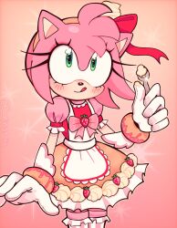 1girl amy_rose amy_rose_(dulce) apron blush bow commentary cookies114s donut dress food food-themed_clothes frilled_dress frills fruit furry furry_female gloves green_eyes hairband hedgehog_girl highres holding holding_spoon looking_up pink_fur short_sleeves smile solo sonic_(series) sonic_dash sonic_forces:_speed_battle spoon strawberry striped_clothes striped_thighhighs thighhighs tongue tongue_out vertical-striped_clothes vertical-striped_thighhighs