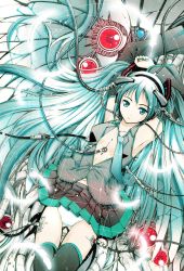 1girl android armpits detached_sleeves female_focus hatsune_miku headphones highres long_hair moonsorrow panties solo thighhighs twintails underwear vocaloid