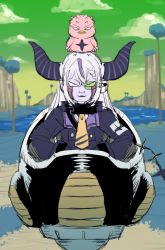 1girl 1st_form_frieza blue_grass blue_tree bow_(bhp) colored_skin commentary_request crow_(la+_darknesss) dodoria dragon_ball dragonball_z facing_viewer frieza fusion green_sky hololive holox horns la+_darknesss la+_darknesss_(1st_costume) long_sleeves looking_at_viewer multicolored_hair namek necktie outdoors parody purple_skin scouter sky smile smug solo streaked_hair striped_horns tree virtual_youtuber white_hair yellow_necktie