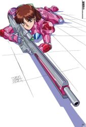 1girl anice_farm armor bodysuit brown_eyes brown_hair chouon_senshi_borgman closed_mouth earrings full_body gun jewelry kabashima_yousuke long_hair pink_bodysuit power_armor rifle simple_background sniper_rifle solo weapon white_background
