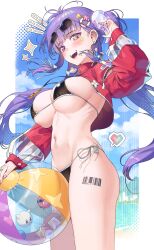 1girl absurdres antenna_hair arm_up ball barcode barcode_tattoo beachball bikini black_bikini breasts cleavage commission cowboy_shot cropped_jacket crystal_horns earrings eyewear_on_head hair_ornament hand_up heterochromia high_collar highres hop3 horns jacket jewelry large_breasts long_hair long_sleeves looking_at_viewer navel open_mouth original puffy_long_sleeves puffy_sleeves purple_hair red_eyes red_jacket ruthenium77&#039;s_character side-tie_bikini_bottom smile solo stomach string_bikini sunglasses swimsuit tattoo thighs twintails whistle whistle_around_neck yellow_eyes