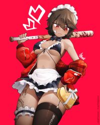 1girl absurdres apron artist_name bandaid bandaid_on_cheek bandaid_on_face baseball_bat bikini black_bikini black_bow black_bowtie black_skirt black_thighhighs blood blush bow bowtie box breasts bright_pupils brown_hair closed_mouth commentary cowboy_shot dark-skinned_female dark_skin detached_collar dragon_tattoo english_commentary freckles frilled_apron frilled_bikini frilled_skirt frilled_thigh_strap frills front-tie_bikini_top front-tie_top garter_straps gift gift_box hair_between_eyes heart heart-shaped_box highres holding holding_baseball_bat holding_gift jacket jestami large_breasts leg_tattoo legs_together long_sleeves looking_down maid maid_bikini maid_headdress off_shoulder open_clothes open_jacket original over_shoulder patreon_username plaid_clothes plaid_jacket pleated_skirt raised_eyebrow red_background red_eyes red_jacket short_hair simple_background single_garter_strap single_thighhigh skirt solo standing swimsuit tattoo thigh_strap thighhighs unconventional_maid underboob waist_apron white_apron white_pupils
