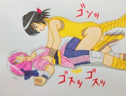 2girls cunt_punt highres hoshino_chiyoru kasumi_tsuji leotard multiple_girls pain pink_hair ryona tagme wrestle_angels wrestler wrestling yuukoku