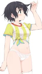 1girl adjusting_hair black_hair blush bow bow_panties breasts cowboy_shot highres hololive k-go lace lace-trimmed_panties lace_trim looking_to_the_side medium_breasts navel no_pants oozora_subaru oozora_subaru_(1st_costume) panties revision shirt short_hair short_sleeves simple_background solo standing stomach striped_clothes striped_shirt thighhighs thighs tied_shirt underwear vertical-striped_clothes vertical-striped_shirt virtual_youtuber white_background white_panties white_thighhighs
