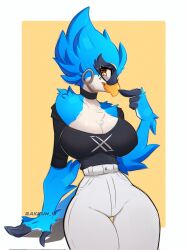 1girl artist_name bare_shoulders beak bird_girl black_choker black_shirt blue_feathers border breasts brown_eyes choker cleavage feathers furry furry_female highres large_breasts pants pointing pointing_at_self print_shirt rakkun_13 shirt simple_background solo twitter twitter_bird twitter_x_logo watermark white_border white_pants yellow_background