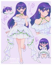 1girl :3 :d ;) animal animalization arm_at_side bare_legs bare_shoulders border bright_pupils buttons cat chibi chibi_inset commentary cropped_torso double-parted_bangs dress earrings english_commentary flower flower_earrings frilled_dress frilled_sleeves frills full_body hair_behind_ear hair_between_eyes halterneck hand_on_own_chest highres jewelry knees_together_feet_apart lily_of_the_valley long_hair looking_at_viewer mari_(headspace)_(omori) mari_(omori) maromichan multiple_views off-shoulder_dress off_shoulder omori one_eye_closed open_mouth person_and_animalization puffy_short_sleeves puffy_sleeves purple_background purple_eyes purple_hair shoes short_dress short_sleeves simple_background smile standing standing_on_one_leg straight-on straight_hair teeth tongue twitter_username upper_teeth_only very_long_hair waving white_border white_cat white_dress white_flower white_pupils white_shoes