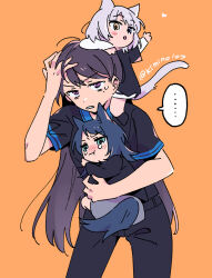 ... 3girls animal_ears bang_dream! bang_dream!_it&#039;s_mygo!!!!! black_hair black_jacket black_pants black_shirt blush cat_ears cat_girl cat_tail chibi dog_ears dog_girl dog_tail green_eyes jacket kaname_raana kemonomimi_mode kimino_tomonari layered_sleeves long_sleeves multiple_girls open_mouth orange_background pants pout purple_eyes raana_the_cat shiina_taki shirt short_hair short_over_long_sleeves short_sleeves simple_background spoken_ellipsis sweatdrop tail twitter_username white_hair white_shirt yahata_umiri