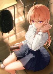 1girl absurdres adjusting_hair ahoge artistkoikoi backpack bag blonde_hair blue_skirt blurry breast_pocket cellphone chromatic_aberration classroom collared_shirt commentary depth_of_field desk ear_piercing english_commentary from_above hair_behind_ear hair_between_eyes highres holding holding_phone legs_together light_particles long_hair long_sleeves mole mole_under_eye on_desk original phone piercing pocket purple_eyes school_desk school_uniform shirt shirt_tucked_in sitting skirt smartphone solo sunlight white_shirt
