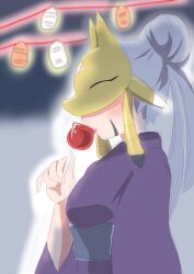 Rule 34 | apple, digimon, digimon (creature), eating, food, fox mask, fruit, japanese clothes, kimono, long hair, mask, pixiv user (4003402), sakuyamon