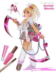 Rule 34 | 1girl, bag, blonde hair, blood, blood on clothes, bloody weapon, botjira, bow, bra visible through clothes, breasts, candy, cardigan, cardigan around waist, cleavage, clothes around waist, cosmetics, cute weapon, dark-skinned female, dark skin, ear piercing, earrings, english text, fingernails, flower earrings, food, gyaru, hair bow, hair ornament, hair scrunchie, hairclip, highres, holding, holding weapon, jewelry, kusarigama, leg warmers, lipgloss, loafers, lollipop, long fingernails, long hair, looking at viewer, mole, mole on cheek, nail polish bottle, orchid mantis, original, piercing, pink blood, pink eyes, pink nails, pink scrunchie, pleated skirt, ponytail, school bag, scrunchie, shirt, shoes, sickle, skirt, solo, unworn cardigan, weapon, white bow, white leg warmers, white shirt, wrist scrunchie