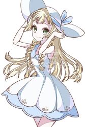 1girl blonde_hair braid closed_mouth cowboy_shot dress green_eyes hat highres lillie_(pokemon) lily_00715 long_hair looking_at_viewer nintendo pokemon pokemon_sm sleeveless sleeveless_dress smile solo twin_braids white_background white_dress white_hat