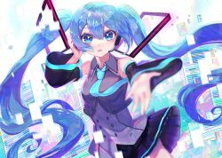 1girl aqua_hair aqua_necktie black_skirt black_sleeves blue_eyes chromatic_aberration collared_shirt detached_sleeves grey_shirt hair_between_eyes hatsune_miku headset hibikase_(vocaloid) highres kozou_kazaru long_hair long_sleeves looking_at_viewer necktie outstretched_arms pleated_skirt shirt skirt sleeveless sleeveless_shirt solo twintails very_long_hair vocaloid
