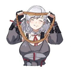1girl black_gloves black_ribbon breasts closed_eyes closed_mouth commentary cropped_torso eating english_commentary fikkyun fingerless_gloves food girls&#039;_frontline girls&#039;_frontline_2:_exilium gloves grey_hair hair_ribbon hand_up holding holding_food holding_pizza medium_hair neck_ribbon pizza red_ribbon ribbon sabrina_(girls&#039;_frontline_2) simple_background solo spas-12_(girls&#039;_frontline) white_background
