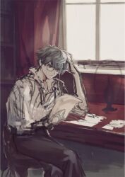 1boy absurdres aged_up black_pants blue_eyes blue_hair curtains doyamemo_f fate/grand_order fate_(series) glasses hans_christian_andersen_(fate) highres holding holding_paper indoors male_focus on_chair pants paper shirt sitting solo table white_shirt window