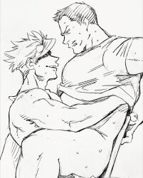 2boys bara belly bottomless chair clothes_lift dickfish_(fishismdick) eye_contact facial_hair from_side frown gundam gundam_tekketsu_no_orphans gunnel_haeda hand_under_clothes highres implied_anal implied_sex large_pectorals lifting_another&#039;s_clothes looking_at_another male_focus mature_male multiple_boys muscular muscular_male mustache naked_shirt orga_itsuka pectorals plump scan shirt shirt_lift short_hair sideburns sketch spiked_hair sweat thick_thighs thighs topless_male traditional_media undressing_another yaoi