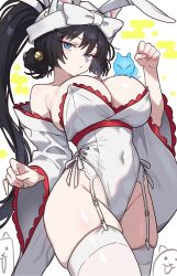 1girl absurdres animal_ears bare_shoulders black_hair blue_eyes blush bow breasts cleavage clenched_hand commentary detached_sleeves ebora garter_belt garter_straps hair_ornament highres large_breasts long_hair looking_at_viewer original ponytail rabbit_ears simple_background solo standing thighhighs white_thighhighs wide_sleeves
