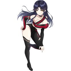 Rule 34 | 1girl, black bodysuit, black hair, black nails, black sleeves, bodysuit, boots, breasts, choker, cleavage, cleavage cutout, closed mouth, clothing cutout, covered navel, detached sleeves, dolphin wave, game cg, hand on own hip, hand on own knee, high heel boots, high heels, highres, hirasaka yuno, large breasts, long hair, looking at viewer, mole, mole under eye, nail polish, non-web source, official art, ootomo takuji, parted bangs, see-through clothes, single thigh boot, smile, solo, spiked choker, spikes, thigh boots, transparent background, underboob cutout, yellow eyes