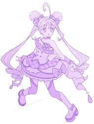 Rule 34 | 1girl, ahoge, boots, bow, breasts, choker, collarbone, commentary request, cure kyunkyun, double bun, dress, dress bow, earrings, footwear bow, full body, hair bow, hair bun, highres, huge ahoge, idol heart brooch, jewelry, kazuma muramasa, kimi to idol precure, long hair, magical girl, monochrome, multiple earrings, plaid bow, precure, purple theme, shigure kokoro, simple background, single bare shoulder, small breasts, solo, standing, strapless, strapless dress, teardrop earrings, thigh boots, twintails, very long hair, white background, wrist cuffs