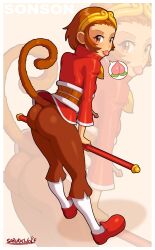 1girl ass bad_tag brown_eyes brown_hair brown_pants brown_tail capcom circlet female from_behind gold_circlet holding holding_staff holding_weapon huge_ass jacket looking_at_viewer looking_back marvel_vs._capcom marvel_vs._capcom_2 melee_weapon monkey_girl monkey_humanoid monkey_tail neckerchief pants pantyhose peach_(fruit) red_jacket red_shoes sarukaiwolf shoes socks sonson staff standing tagme tail teasing tight_ass tight_clothes tight_pants tongue tongue_out weapon white_socks yellow_neckerchief