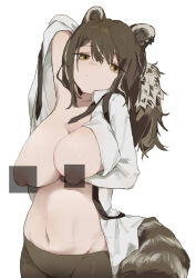 1girl animal_ears arknights arm_under_breasts arm_up armpits breast_lift breasts breasts_out brown_hair brown_pantyhose censored censored_nipples closed_mouth collared_shirt commentary cowboy_shot expressionless freckles highres large_breasts long_hair looking_at_viewer loose_necktie multicolored_hair navel necktie nipples no_bra open_clothes open_shirt pantyhose ponytail raccoon_ears raccoon_girl raccoon_tail robin_(arknights) sagging_breasts shirt simple_background solo standing streaked_hair tail twitter_username two-tone_hair unitedunti white_background white_hair white_shirt wing_collar yellow_eyes