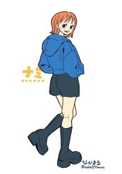 Rule 34 | 1girl, alternate costume, black boots, black shorts, blue hoodie, boots, commentary request, earrings, foot up, from behind, full body, hands in pockets, hood, hood down, hoodie, jewelry, knee boots, kneepits, long sleeves, looking at viewer, looking back, naka29maru, nami (one piece), one piece, open mouth, orange hair, pearl earrings, short hair, shorts, simple background, single sidelock, solo, standing, standing on one leg, teeth, twitter username, upper teeth only, white background