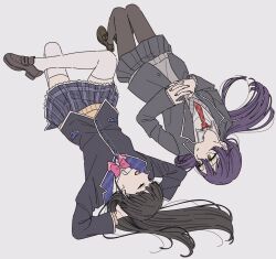 2girls black_hair black_jacket black_pantyhose black_skirt bow bowtie brown_cardigan cardigan collared_shirt facing_another genderswap genderswap_(mtf) green_eyes grey_cardigan jacket kamatama_rom kenmochi_touko kenmochi_touya kenmochi_touya_(1st_costume) lapels loafers looking_at_another miniskirt multiple_girls necktie nijisanji pantyhose pink_bow pink_bowtie plaid_clothes plaid_skirt pleated_skirt purple_hair red_necktie shirt shoes simple_background skirt thighhighs tsukino_mito virtual_youtuber white_background white_shirt white_thighhighs