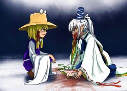 Rule 34 | 2girls, blonde hair, blood, blood from mouth, blood splatter, blue bow, blue bowtie, blue eyes, blue hat, blue skirt, bow, bowtie, brown hat, commentary request, covering own mouth, full body, hair ribbon, hat, highres, japanese clothes, kariginu, long hair, long sleeves, looking at another, medium hair, mononobe no futo, moriya suwako, multiple girls, open mouth, purple skirt, purple vest, red ribbon, ribbon, ribbon-trimmed sleeves, ribbon trim, ritsuzou, robe, shirt, skirt, skirt set, smile, squatting, tate eboshi, touhou, vest, white robe, white shirt, wide sleeves, yellow eyes