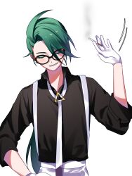 1girl 9eras9 androgynous black-framed_eyewear black_shirt cigarette closed_eyes earrings facing_viewer game_freak glasses gloves green_hair hand_on_own_hip hand_up highres holding holding_cigarette jewelry long_hair necktie nintendo pokemon pokemon_masters_ex reverse_trap rika_(pokemon) shirt simple_background smile smoke solo suspenders swept_bangs triangle_earrings upper_body white_background white_gloves white_necktie