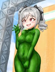 Rule 34 | bodypaint, colored skin, completely nude, green skin, grey hair, idolmaster, idolmaster cinderella girls, kanzaki ranko, nude, puffy nipples, pussy, smile, twintails, waving arm, yaneura (yaneur)
