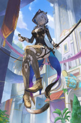 1girl absurdres animal_ears animal_hood armored_boots black_gloves black_leotard blue_eyes blue_sky boots breasts cat_ears cat_girl cat_hood cat_tail cipher_(honkai:_star_rail) cleavage coin commentary_request fingerless_gloves gloves gold_boots grey_hair high_heel_boots high_heels highres holding holding_coin honkai:_star_rail honkai_(series) hood hooded_leotard isome large_breasts leotard short_hair_with_long_locks sky solo tail thighs yellow_nails