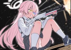 1girl ahoge artist_name black_gloves blue_archive blue_eyes blue_necktie bow bow_panties collared_shirt commentary crotch_seam dutch_angle fingerless_gloves firing foot_out_of_frame gloves grey_shoes grey_skirt grimace gun halo heterochromia highres hinata_kayuki holding holding_gun holding_weapon hoshino_(blue_archive) long_hair long_sleeves miniskirt necktie panties pantyshot parted_lips pink_hair pleated_skirt school_uniform shirt shirt_tucked_in shoes sidelocks signature skirt solo squatting underwear very_long_hair weapon white_halo white_panties white_shirt wing_collar yellow_eyes