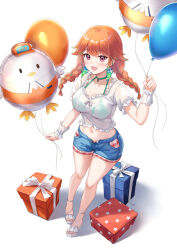 1girl :d balloon bare_legs bikini bikini_under_clothes bikini_visible_through_clothes blue_shorts box braid collarbone contrapposto denim denim_shorts dot_nose earrings feather_earrings feathers floating_hair frilled_shirt frills from_above full_body gift gift_box green_bikini hair_flaps halterneck high_heels holding holding_balloon hololive hololive_english jewelry kotori_(takanashi_kiara) light_blush looking_at_viewer low_twintails midriff multicolored_hair navel official_alternate_costume open_fly open_mouth orange_hair pendant purple_eyes sandals sebu_illust shadow shirt short_shorts shorts simple_background smile star_(symbol) star_print streaked_hair swimsuit takanashi_kiara takanashi_kiara_(casual) twin_braids twintails virtual_youtuber white_background white_shirt wrist_cuffs