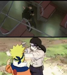 1990s_(style) 6+boys animated animated_gif anime_screenshot battle blonde_hair comparison cowboy_bebop derivative_work fighting hyuuga_neji indoors lowres male_focus multiple_boys nakamura_yutaka naruto naruto_(series) outdoors retro_artstyle short_hair spike_spiegel train train_interior uzumaki_naruto vincent_volaju