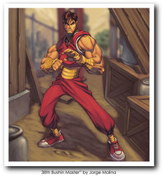 alley brown_hair capcom dark_skin fighting_stance final_fight guy_(final_fight) jorge_molina metro_city muscular ninja_outfit trash_can