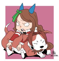 Rule 34 | 1girl, animal ears, animalization, bow, brown hair, commentary request, dog, ear covers, full body, green bow, hair bow, horse ears, horse girl, horse tail, jacket, kawakami princess (umamusume), king halo (umamusume), long hair, onikobe rin, open mouth, purple background, red jacket, simple background, sitting, tail, tracen training uniform, two-tone background, umamusume, white background