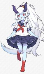 1girl arum_(world_flipper) blue_skin blue_skirt colored_skin eyelashes full_body highres horns long_hair looking_at_viewer mwm5 neckerchief open_mouth pointy_ears red_eyes red_neckerchief red_socks sailor_collar school_uniform serafuku skirt socks solo very_long_hair white_background white_hair world_flipper