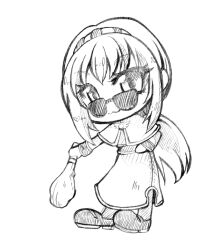 1girl :3 acolyte_(ragnarok_online) capelet closed_mouth club_(weapon) commentary_request full_body greyscale holding holding_club holding_weapon kamui_setsuna lineart long_hair looking_at_viewer low_ponytail monochrome ponytail ragnarok_online shirt simple_background skirt smile solo sunglasses weapon