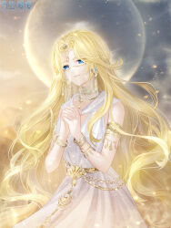 Rule 34 | 1girl, artist request, blonde hair, blue eyes, bracelet, chain, circlet, copyright name, cowboy shot, desert, dress, earrings, expressionless, eyelashes, full moon, game cg, gold armlet, gold belt, gold bracelet, gold chain, gold earrings, gold necklace, highres, interlocked fingers, iriana (miracle nikki), jewelry, light particles, logo, long dress, long hair, looking ahead, miracle nikki, moon, mouth veil, multiple bracelets, necklace, nikki (series), official art, outdoors, own hands together, pleated skirt, praying, see-through clothes, see-through veil, sidelocks, skirt, sleeveless, sleeveless dress, solo, standing, third-party source, twilight, veil, very long hair, wavy hair, white dress, white veil