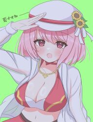 :d asage_(asgsn) bikini blush breasts cleavage commentary fire_emblem fire_emblem_engage fire_emblem_heroes flower green_background hair_between_eyes hat hat_flower highres jacket jewelry lapis_(fire_emblem) lapis_(forager_of_the_sea)_(fire_emblem) large_breasts looking_at_viewer navel necklace nintendo official_alternate_costume open_clothes open_jacket open_mouth pink_eyes pink_hair salute short_hair smile swimsuit symbol-only_commentary upper_body white_hat white_jacket
