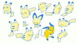 :&lt; :3 closed_mouth commentary_request gen_1_pokemon gogeyama highres lying nintendo no_humans open_mouth pikachu pokemon pokemon_(creature) raichu simple_background sleeping smile solid_circle_eyes standing