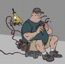 Rule 34 | 2boys, ?, baseball cap, behind another, bill cipher, black bow, black hat, book of bill, bow, brown footwear, brown hat, brown shorts, cable, fat, fat man, floating, gravity falls, grey shirt, hammer, hat, highres, holding, holding cable, holding pliers, holding scissors, jam etc art, leather bag, levitation, mouth hold, multiple boys, obese, one-eyed, pliers, question mark print, scissors, shirt, shoes, shorts, sitting, sneakers, socks, soos ramirez, sweatdrop, t-shirt, tools, top hat